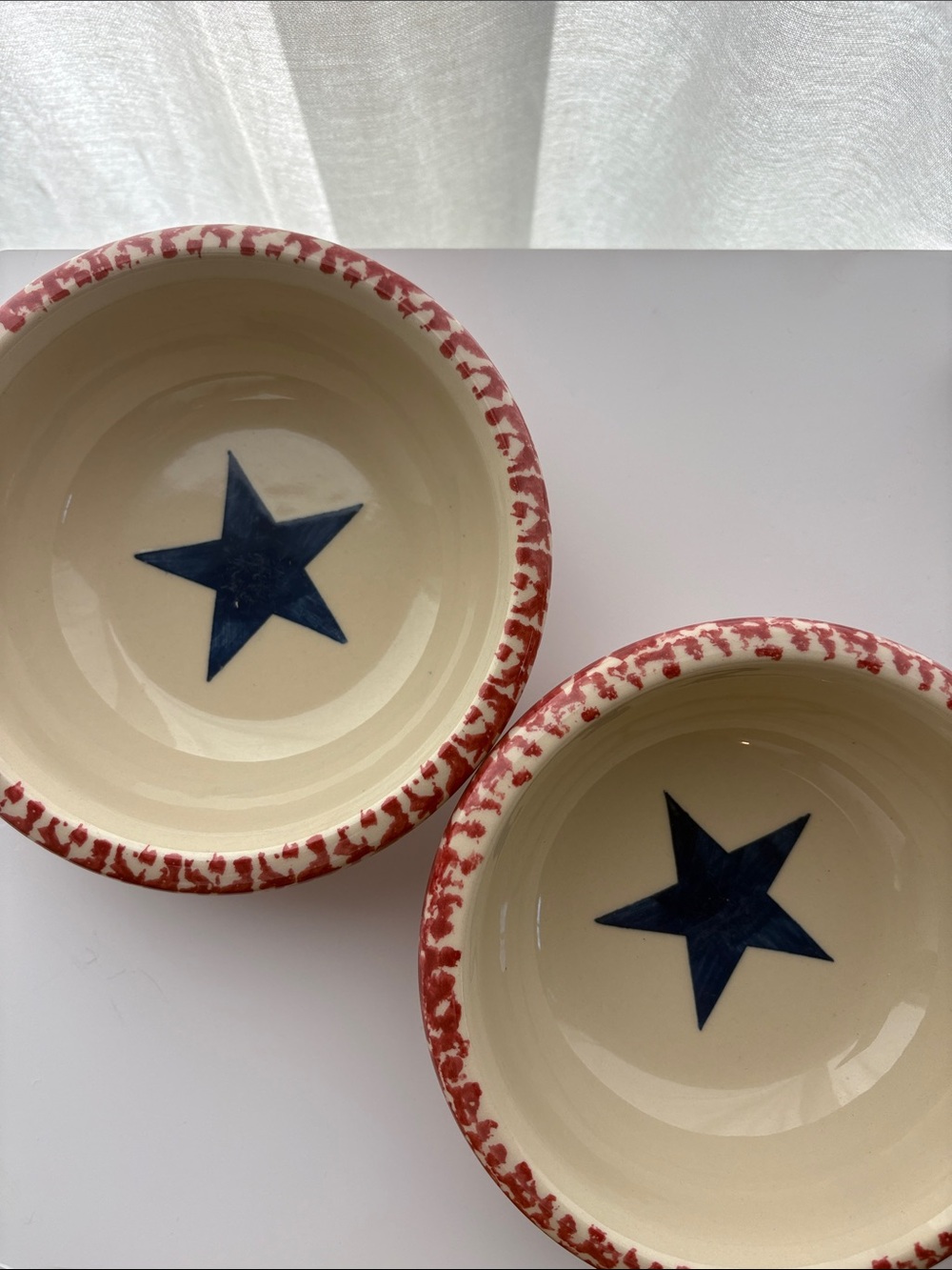 Vintage Gerald E. Henn Roseville Spongeware “Old Glory” Blue Star Bowls (2) - Picture 2 of 7